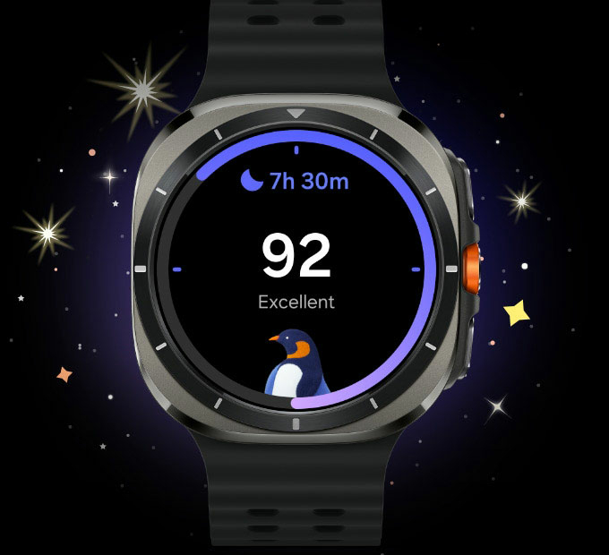 Smartwatch Samsung Galaxy Watch Ultra L705 LTE tytanowy widok od frontu na wyświetlacz smartwatcha ukazujący status snu